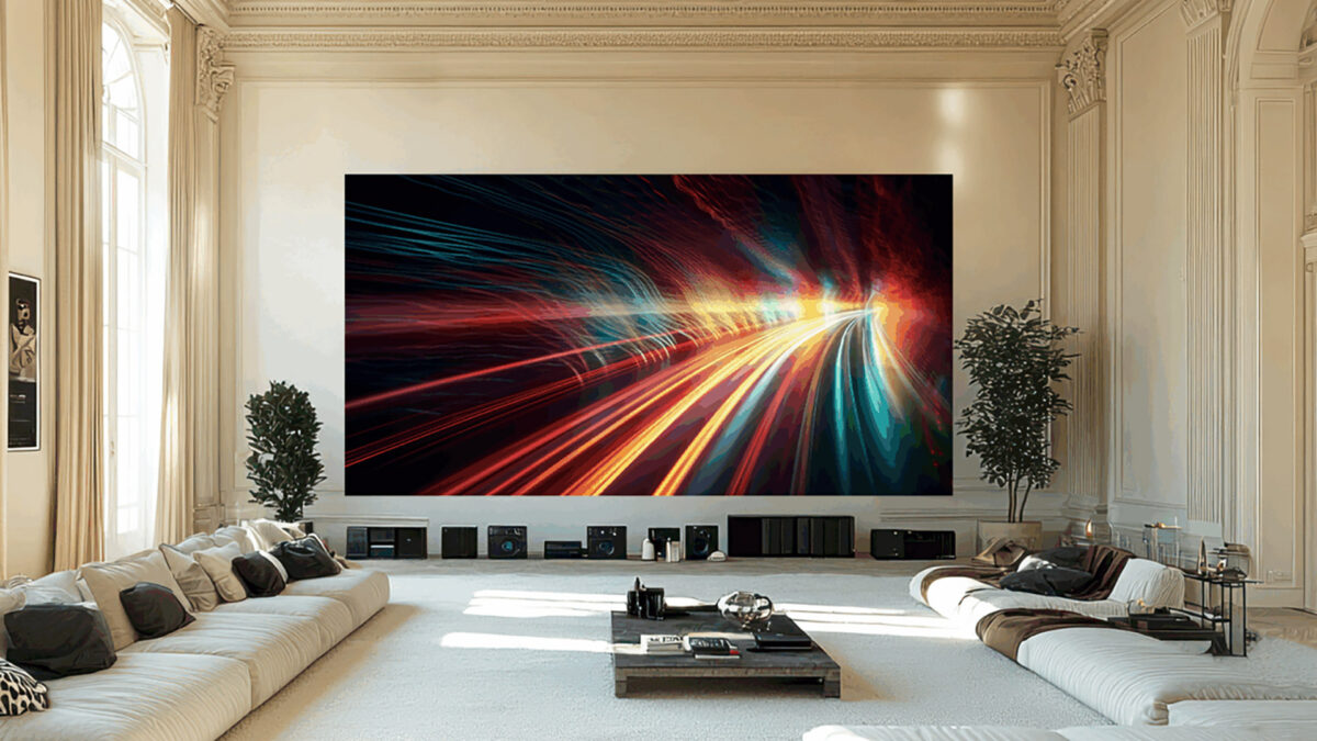 Ekran telewizora LED z ostrym obrazem 4K, kolorowe grafiki i płynne animacje w ciemnym pokoju