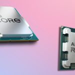 Logo Intel i AMD obok siebie z procesorami Core i Ryzen na tle