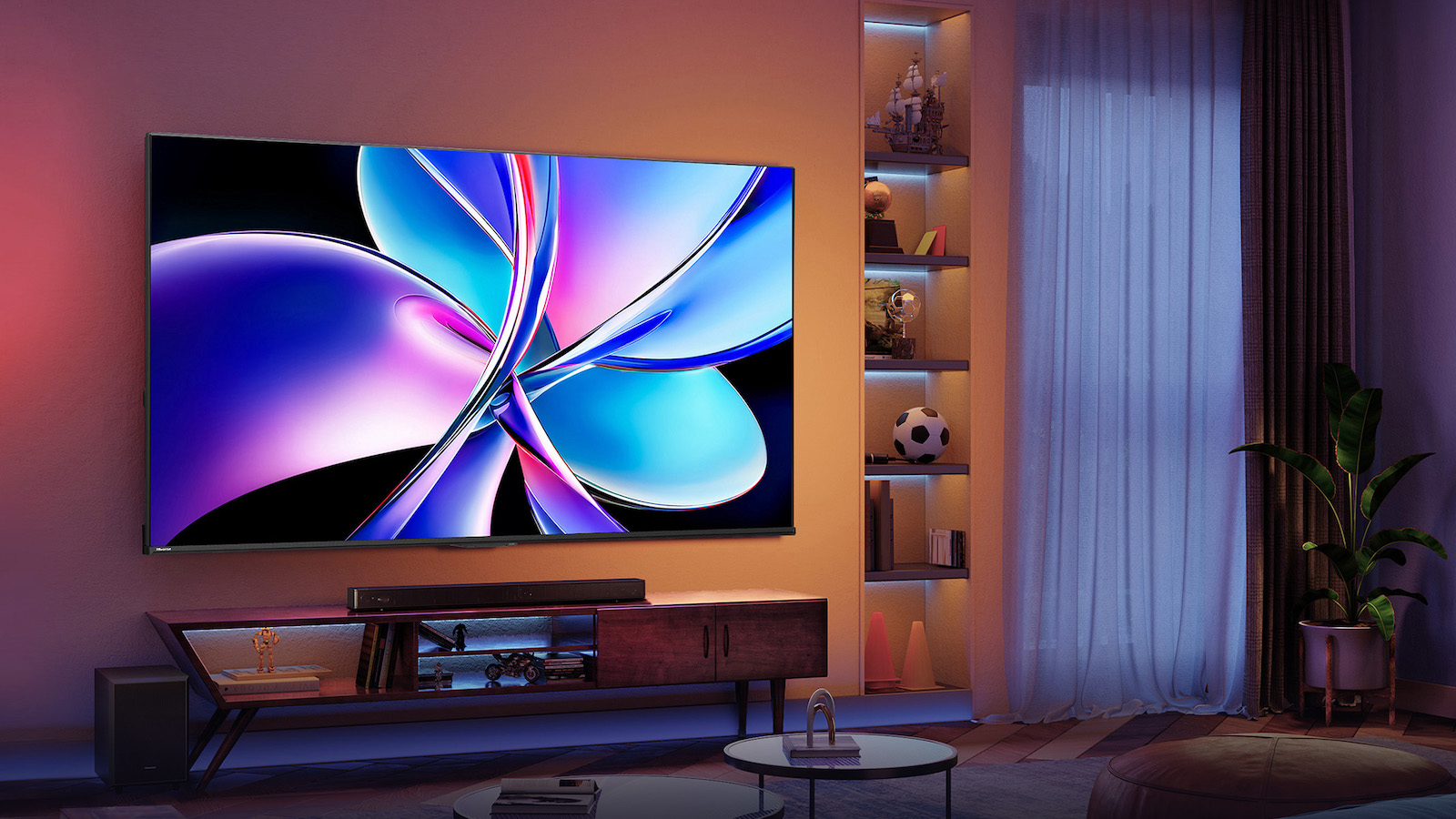 Telewizor LED 98 cali z podłączonym soundbarem, pilotem i głośnikami w eleganckim wnętrzu